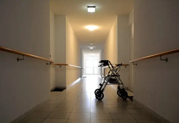 Entrance of a nursing home or long-term care facility representing elder care institutions and potential abuse cases.