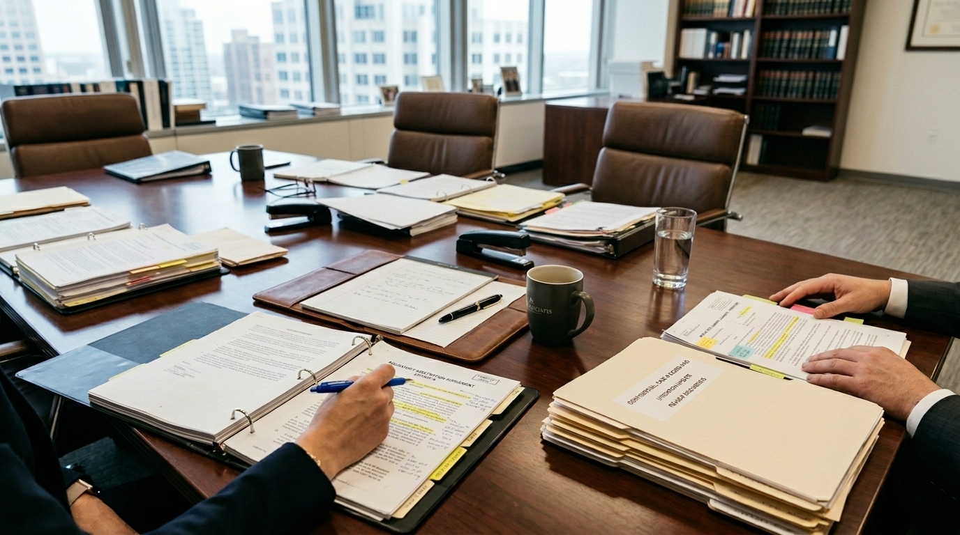 Attorneys reviewing case files and legal documents at a conference table - representing the thorough preparation behind institutional abuse claims