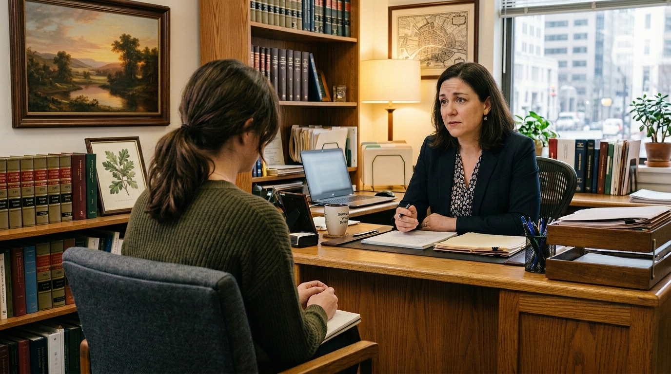 A woman meeting privately with an attorney in a law office - representing confidential, no-obligation consultations available to survivors of institutional abuse