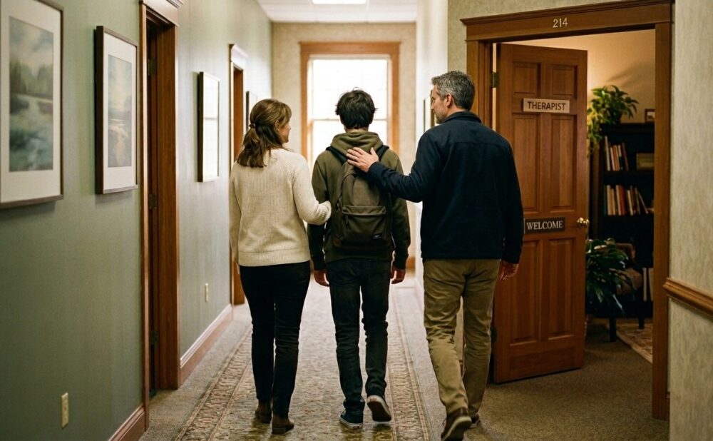 Parents supporting their child as they leave an institution.