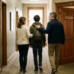 Parents supporting their child as they leave an institution.