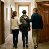 Parents supporting their child as they leave an institution.