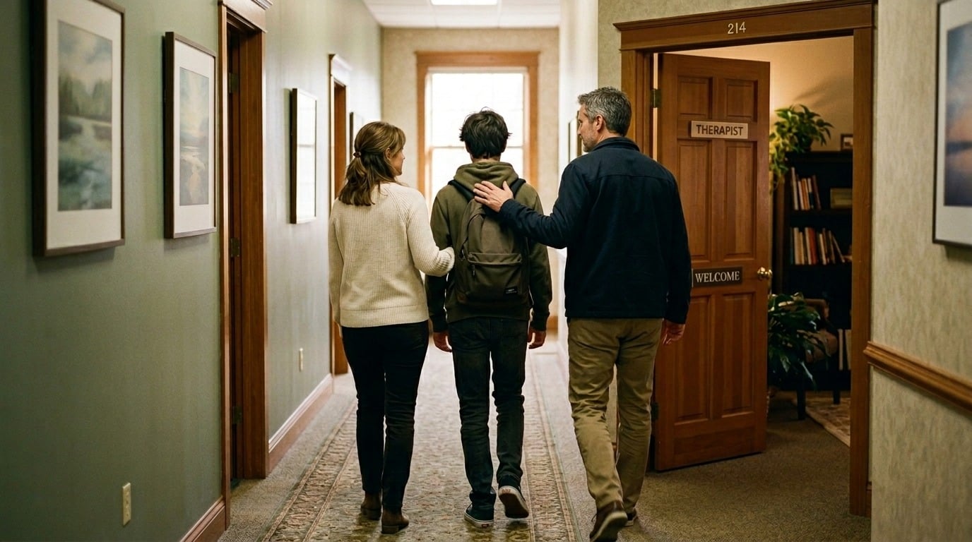 Parents supporting their child as they leave an institution.