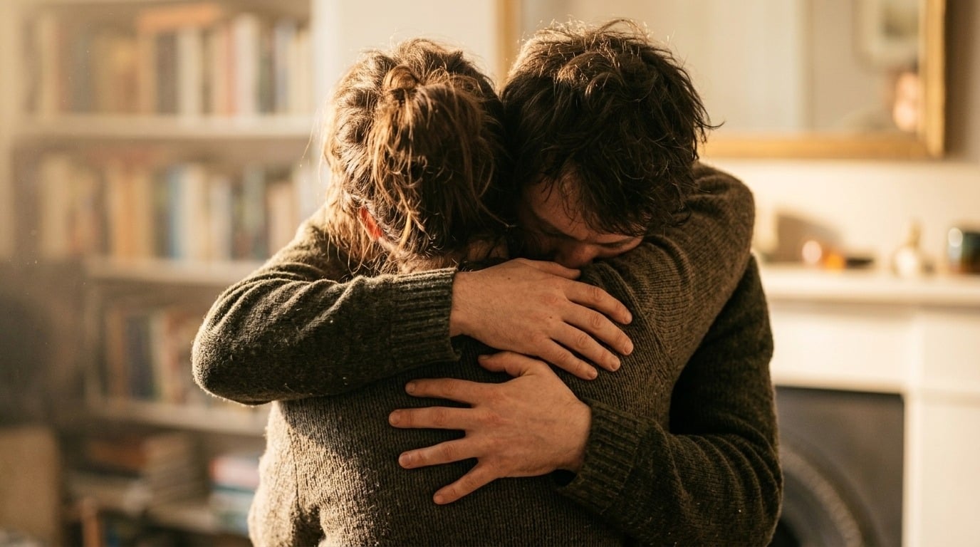 Two people embracing in emotional comfort at home