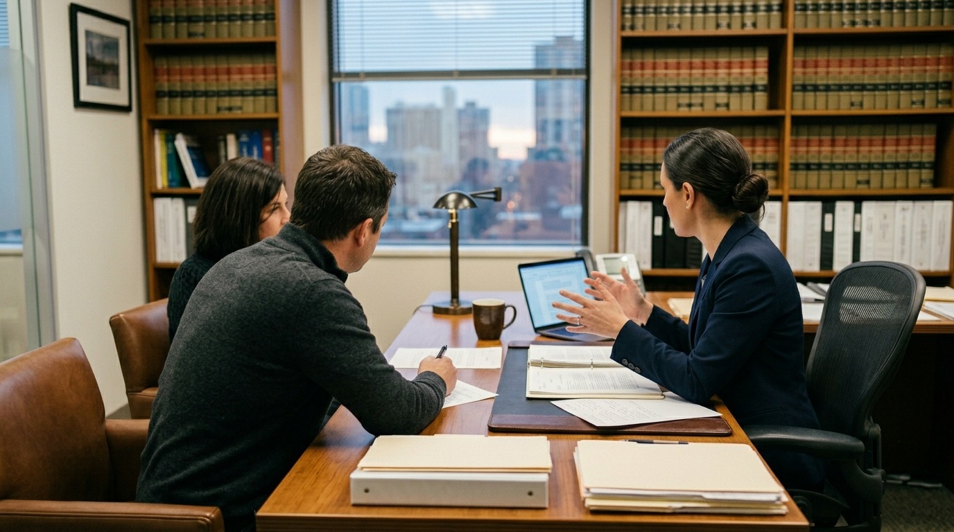 Two clients meeting with an attorney in a law office to discuss a legal claim - representing confidential consultations available to survivors of institutional abuse